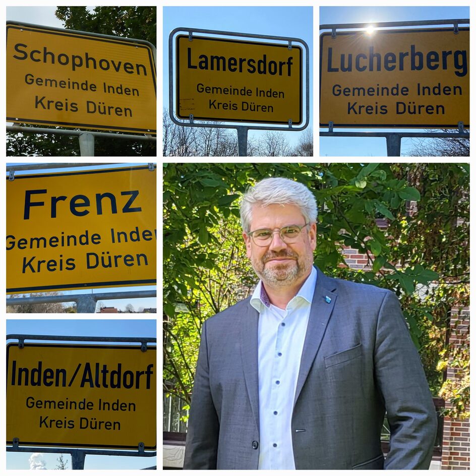 Ortseingangsschilder der fünf Ortschaften und Bürgermeister Stefan Pfennings